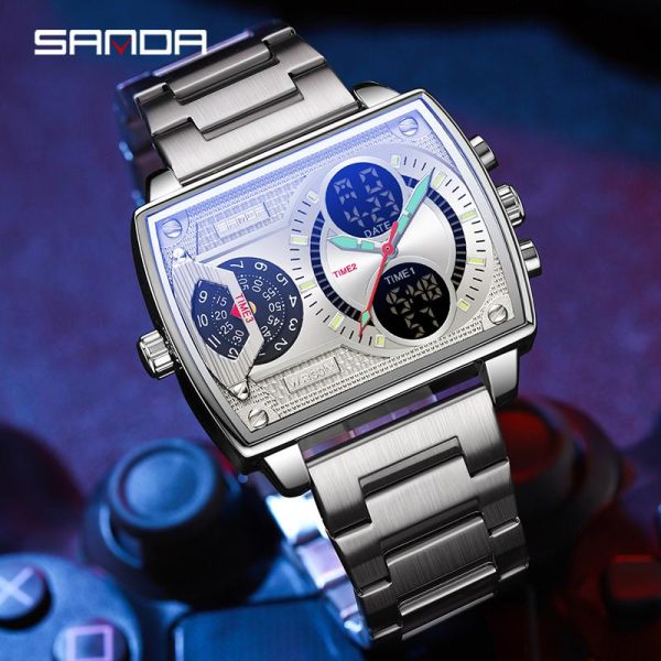 Jam Tangan Elektronik Sukan, AW24 SANDA 6032, Untuk Lelaki, Fesyen, Kalis Air, Dail Besar, Analog-Digital, Jam Tangan Perniagaan