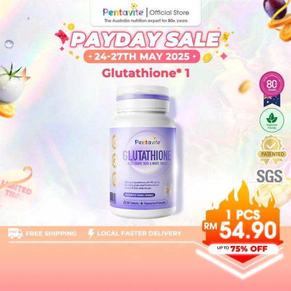 Pentavite Glutathione Plus Grape Seed & White Tomato, Brightening from Within, passionfruit orange chewable (30-120 tablets)
