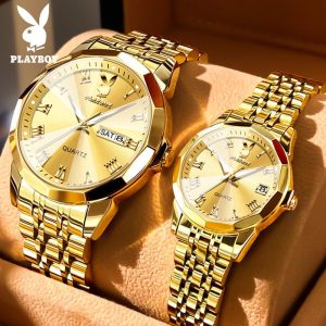 PLAYBOY Jam Tangan Pasangan untuk Wanita dan Lelaki Kalis Air Relo Emas Pergelangan Watch Gaya Kasual Berkilau Diperbuat Daripada Keluli Tahan Karat Asli dan Tulen Pergerakan Kuarza GL3502