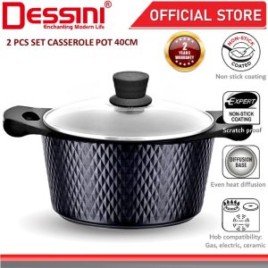 DESSINI ITALY Casserole Die Cast Aluminium Non Stick Pot Bowl Pan Cookware Tool with Cover PERIUK (40CM)