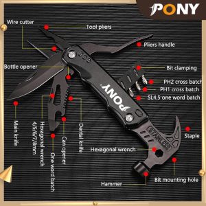 PONY MALL Multifunctional Pliers Multitool Claw Hammer Stainless Steel Tool With Nylon Sheath For Outdoor Survival Camping Hunting