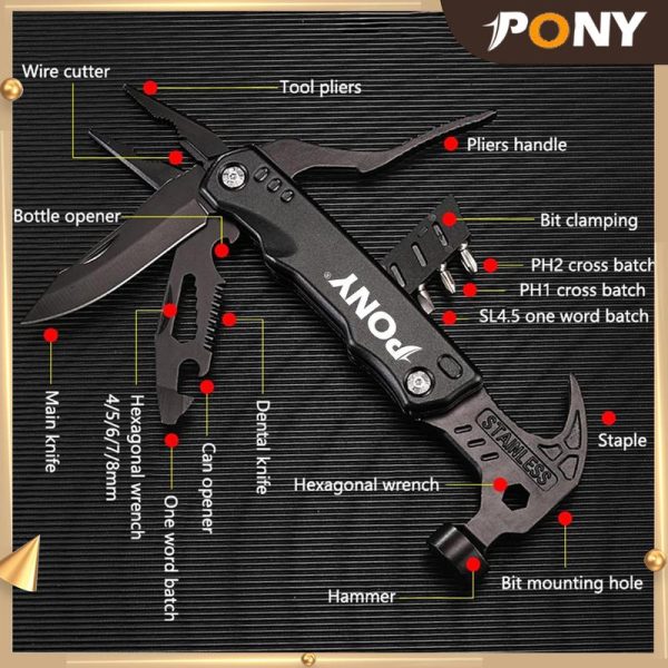 PONY MALL Multifunctional Pliers Multitool Claw Hammer Stainless Steel Tool With Nylon Sheath For Outdoor Survival Camping Hunting