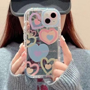 Sarung Telefon Hati Ins, Serasi dengan iPhone 11, 15, 14, 13, 12, Pro, Xs Max, XR, X, 7, 8 Plus, SE 2020, Sarung Cermin Solek Lembut Jelas Korea, Sarung Telefon Bimbit, Penutup Belakang Pelindung Kalis Kejutan Silikon, Sesuai untuk Telefon Bimbit