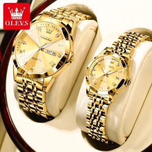 OLEVS GL9931 Jam Couple Set Murah Kalis Air Asli Semua Emas Keluli Tahan Karat Pasangan 2024 Watches Gelap Fesyen Baharu Didatangkan deng Rotundity Bahan logam dalam stok Warna berbilang Ada kotak Ada alat Parti pemberian hadiah Garanti 1 tahunan Kotak