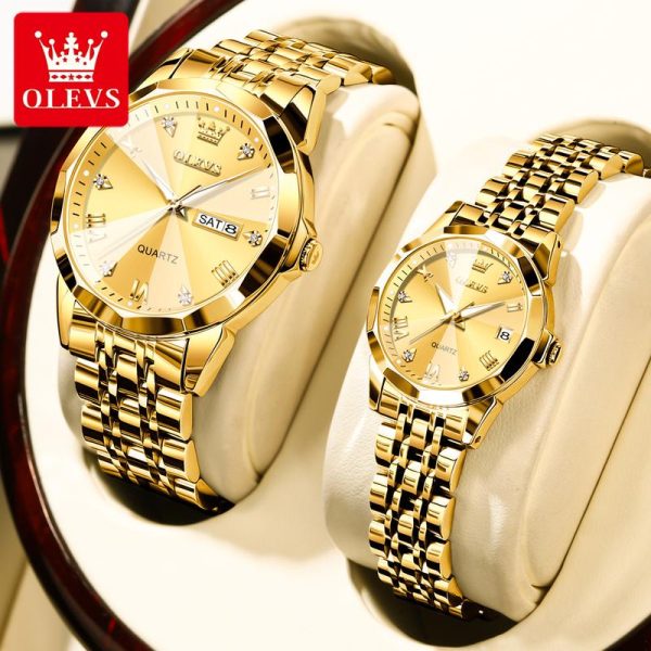 OLEVS GL9931 Jam Couple Set Murah Kalis Air Asli Semua Emas Keluli Tahan Karat Pasangan 2024 Watches Gelap Fesyen Baharu Didatangkan deng Rotundity Bahan logam dalam stok Warna berbilang Ada kotak Ada alat Parti pemberian hadiah Garanti 1 tahunan Kotak