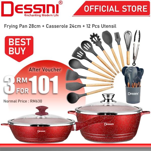 DESSINI ITALY 28cm Granite Die Cast Aluminium Non-Stick Frying Pan Kuali Periuk + 24cm Casserole Pot Bowl + 12 Pcs Silicone Utensil Spatula Spoon Senduk