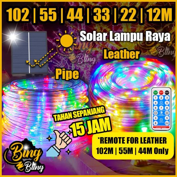 【Bing Bling】【102M | 55M | 44M | 33M | 22M | 12M 】8Modes Lampu Raya Pipe | Leather Solar Outdoor Waterproof Fairy String Light Lip Lap Kelip2 Kelip Klip Copper Wire Lighthing Lamp Garden Wedding Party Valentines Christmas Light Ramadan Decoration Taman