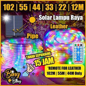 【Bing Bling】【102M | 55M | 44M | 33M | 22M | 12M 】8Modes Lampu Raya Pipe | Leather Solar Outdoor Waterproof Fairy String Light Lip Lap Kelip2 Kelip Klip Copper Wire Lighthing Lamp Garden Wedding Party Valentines Christmas Light Ramadan Decoration Taman