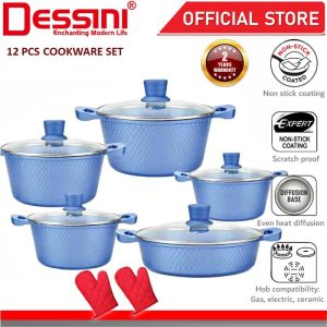 DESSINI ITALY Granite Aluminium Non Stick Casserole Pot Bowl Deep Fry Pan Cookware Tool (12 Pcs)