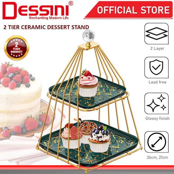 DESSINI ITALY 2 Tier Ceramic Dessert Stand Tower Cake Display Rack Snack Platter Fruit Bowl Party Serving Tray Plate