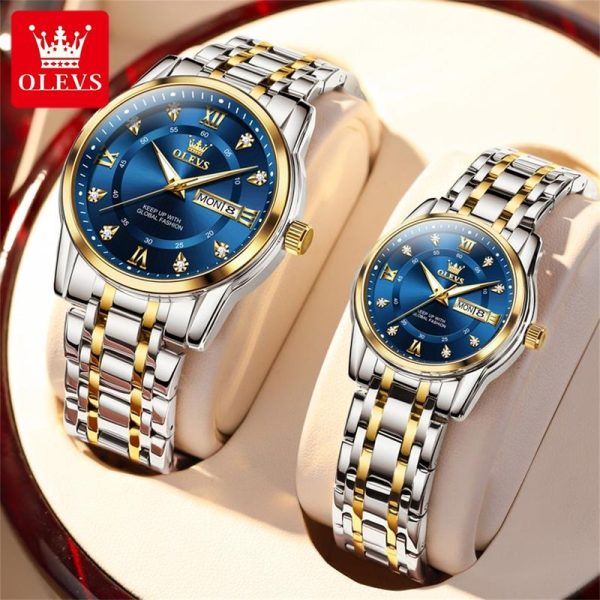 OLEVS Jam Analog Tangan Couple Set Murah Pasangan untuk Lelaki dan Wanita Gaya Baru Kalis Air Asal dengan Kotak Hadiah Mewah Fesyen with Luxury Box GL5-5-1-3 Rotundity Watches Bahan logam dalam stok Warna berbilang Parti pemberian hadiah Garanti 1 tahun