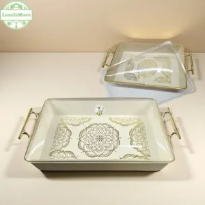 Light luxury PET material serving food tray with handle and lid