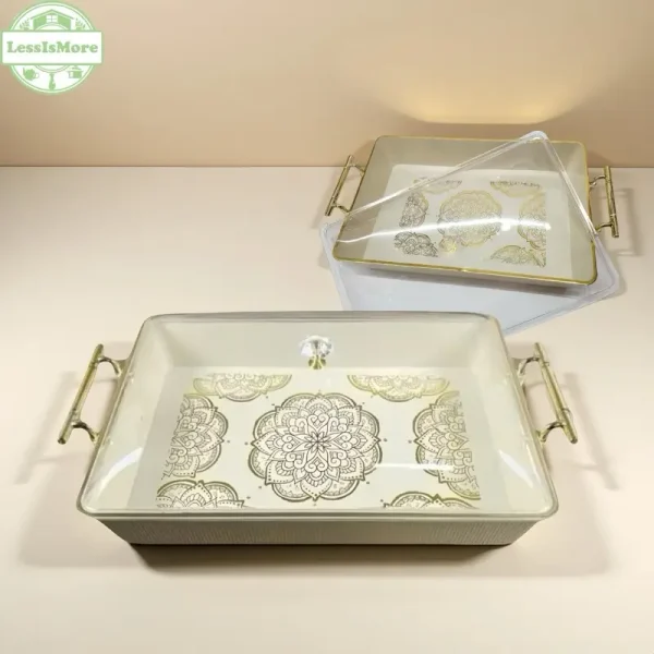 Light luxury PET material serving food tray with handle and lid