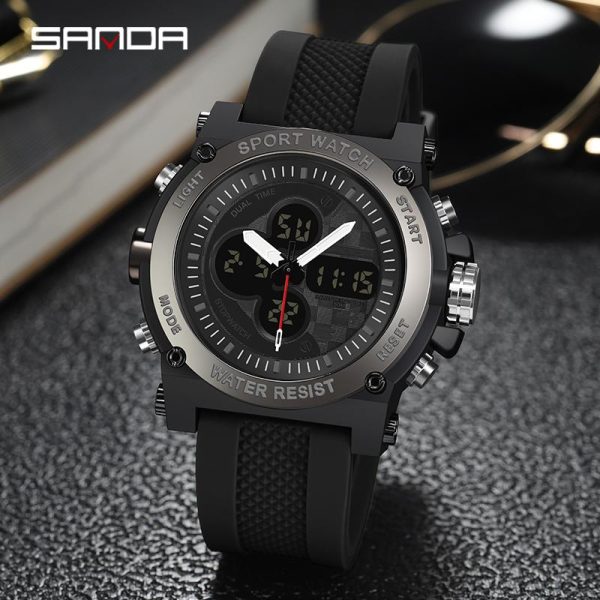 AW24 SANDA 3107 Jam Tangan Kalis Air Digital LED Dwi Paparan, Berkilau, Jam Tangan Lelaki Kuarza Personaliti Sejuk, Bergaya
