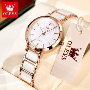 OLEVS 5877 Jam Analog Tangan Wanita Watches Pergerakan Kuarza Kalis Air Gesper Berganda Rama-rama Tali Pinggang Seramik Chronograph Berlian Elegan Hadiah Fesyen Rotundity Bahan logam dalam stok Warna berbilang Pejabat parti pemberian hadiah