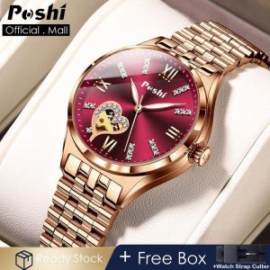 Jam Tangan Wanita, POSHI, Fesyen, Reka Bentuk Elegan, Gelang Keluli Tahan Karat, Gaya Korea, Kalis Air, Pergerakan Kuarza, Sesuai untuk Wanita, Jam Tangan Pergelangan tangan Kasual, Ketibaan Baru