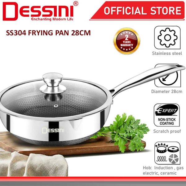 DESSINI ITALY 28CM Honeycomb SUS304 Stainless Steel Frying Wok Pan Induction Pot Casserole Bowl Cookware Kuali PERIUK