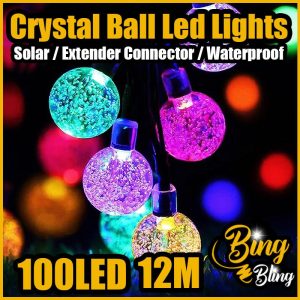 【Bing Bling】【 Solar | Plug Crystal Ball 8 Modes | 200LED 22M | 100LED 12M】2025 Viral Lampu Raya Solar Waterproof Automatically Light Patio Outdoor Lighting Decoration Fairy String Light Lampu Lip Lap Kelip Kelip2 Klip Klip2 Hiasan Taman Garden