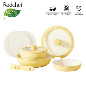 Redchef Nonstick Ceramic Rock Cookware Set Handle Removable (8Pcs) Non Toxic, PFAS& PTFE& PFOA Free Suitable for All Stoves(Gas, Electric & Induction)