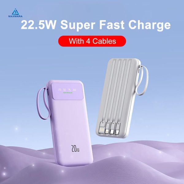 Yisen 20W Super Fast Charging Powerbank 20000mah LED Capacity Display Candy Fashion Power Bank With 4 Cables Dual USB Digital