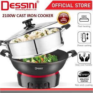 DESSINI ITALY Electric Cooker Steamboat Hot Pot Non Stick Frying Wok Pan Rice Cooker with Steamer Periuk Masak Elektrik