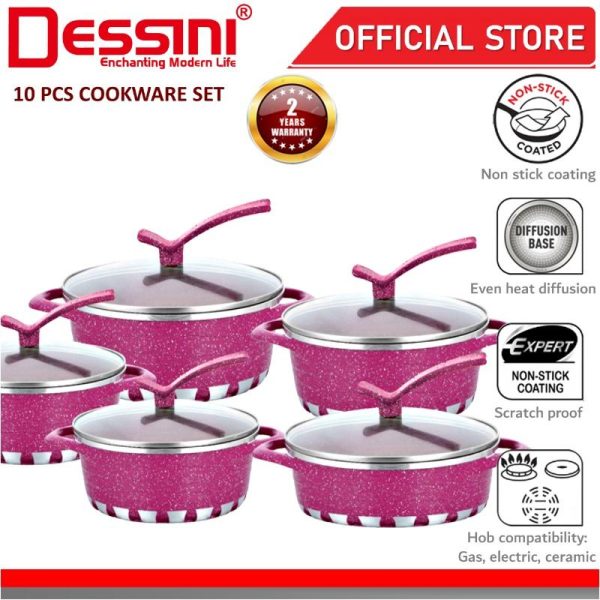 DESSINI ITALY Granite Aluminium Non Stick Casserole Pot Bowl Deep Fry Pan Cookware Tool (10 Pcs)