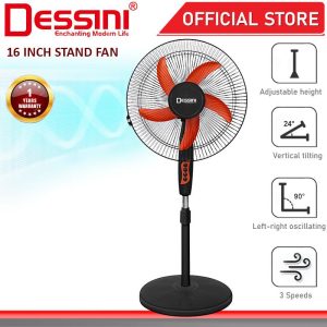 DESSINI ITALY 16'' Inch Stand Fan 3 Speed 5 Blade Oscillating Air Ventilator Conditioner Cooler Humidifier Kipas Berdiri
