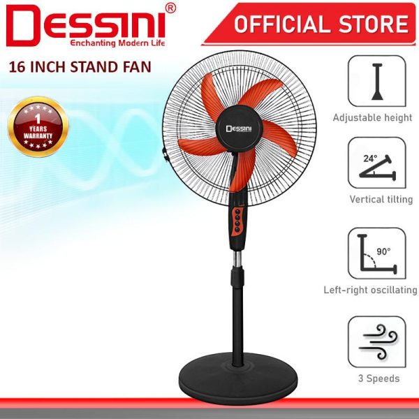DESSINI ITALY 16'' Inch Stand Fan 3 Speed 5 Blade Oscillating Air Ventilator Conditioner Cooler Humidifier Kipas Berdiri