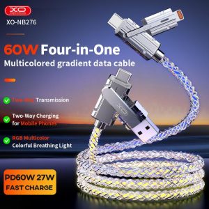 Kabel Data Pengecasan Pantas, 4-In-1, Panjang 1M, Bahan Aloi Zink, Kabel Pengecasan Jenis-C Ke Jenis-C, Serasi dengan iPhone 16, 15, 60w, Kabel Pengecasan Telefon Bimbit Berkilau RGB