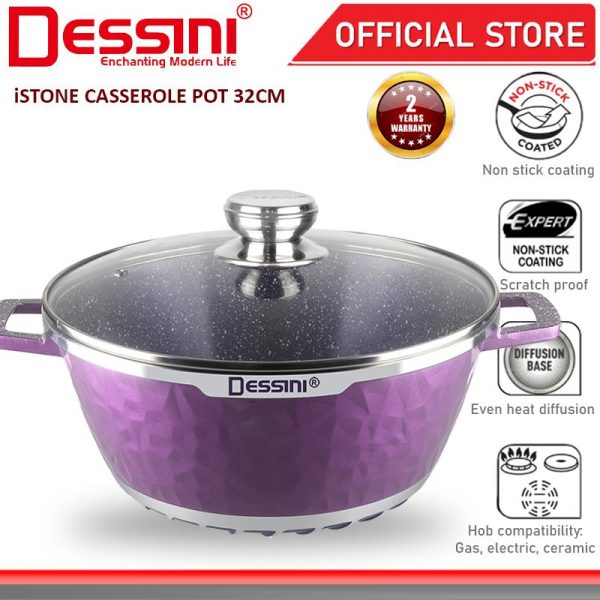 DESSINI ITALY iSTone IST-32 Granite Die Cast Aluminium Non Stick Casserole Pot Bowl Deep Fry Pan Cookware Tool (32cm)