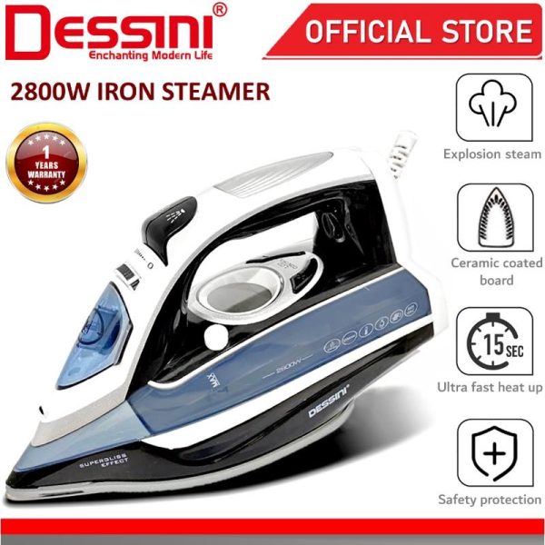 DESSINI ITALY LCD Electric Ceramic Soleplate Garment Steam Iron Sprayer Steamer Clothes Brush Seterika Baju (2800W)