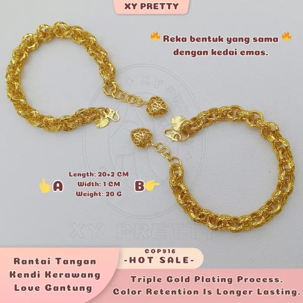Rantai Tangan Kendi Kerawang Love Gantung?COP916 - Gaya A and B Panjang: 20+2CM Lebar: 1CM Berat: 20G - DIY Size - Aksesori bersalut emas - Tahan Lama - Hipoalergenik - XYPRETTY