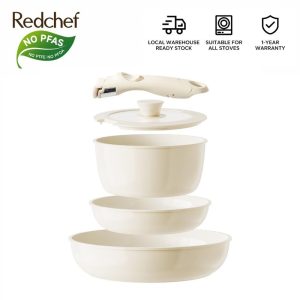 Redchef Nonstick Ceramic Rock Cookware Set Handle Removable 5Pcs/16Pcs No PFAS&PTFE&PFOA Suitable for All Stoves Induction Detachable Frying Pan