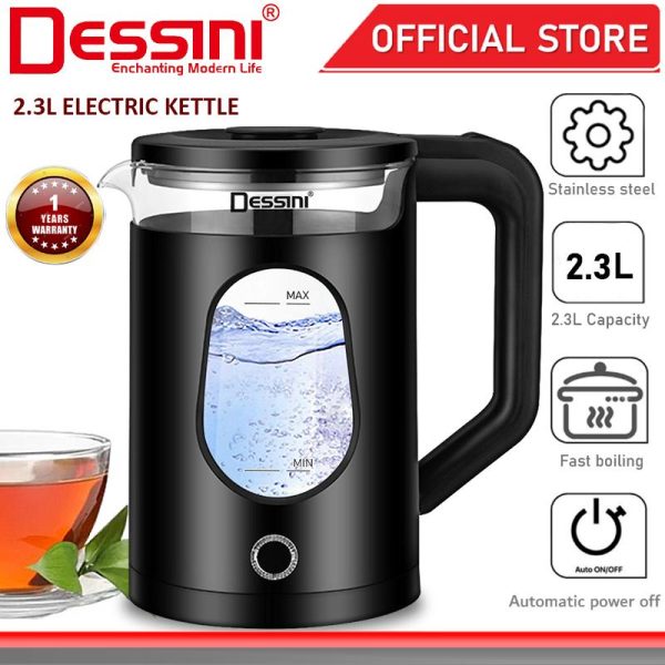 DESSINI ITALY 2.3L Glass Stainless Steel Electric Kettle Automatic Cut Off Boiler Jug Teapot / Cerek