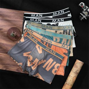 Seluar Dalam Lelaki, Bahan Sutera Ais, Rekaan Lancar, Tali Pinggang Anjal Tinggi, Selesa Lembut, Seluar Boxer, Fesyen, Percetakan Surat, Saiz Besar, Longgar, Sesuai untuk Sukan Lelaki, Seluar Boxer