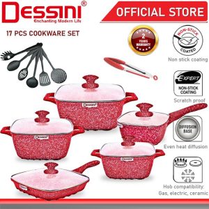 DESSINI ITALY 17 Pcs Casserole Die Cast Aluminium Non Stick Pot Bowl Pan Cookware Tool with Cover PERIUK