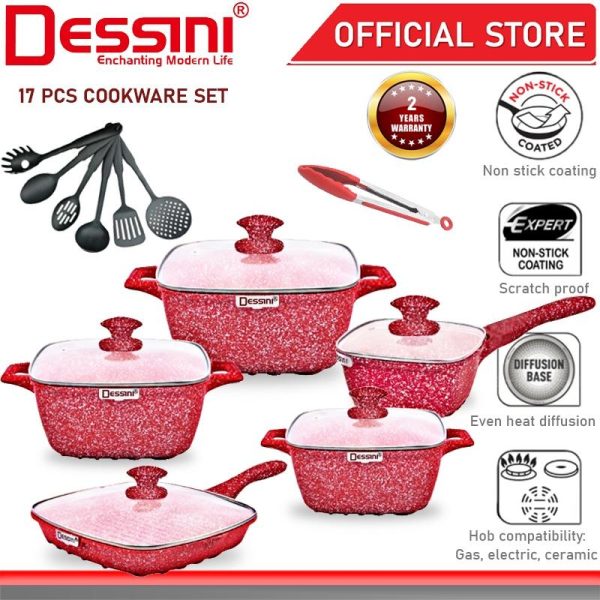 DESSINI ITALY 17 Pcs Casserole Die Cast Aluminium Non Stick Pot Bowl Pan Cookware Tool with Cover PERIUK