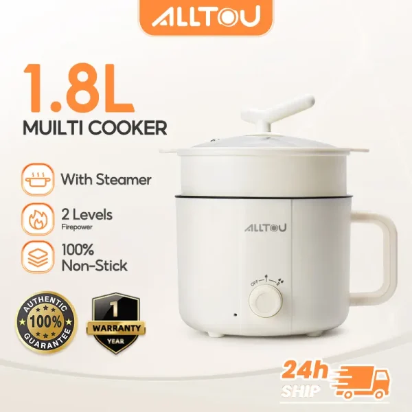 ALLTOU 1.8L Mini Cooker with Steamer Multi Rice CookerStainless Steel Fast Heat Non-Stick Coating Electric Heater Putih