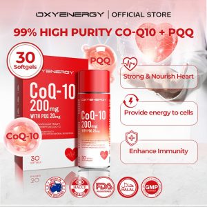 Kapsul lembut OXYENERGY-CoQ-10, 200mg, untuk penyelenggaraan otot jantung, 30 kapsul / botol