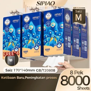 [8 Pek] Sipiao Tisu Gantung, Free 4 Hooks, Kertas Tandas 5lys, Tisu Muka, Saiz Besar 1000 Keping, Siri Peafowl Biru 2025, Jualan Panas, (1558-8)