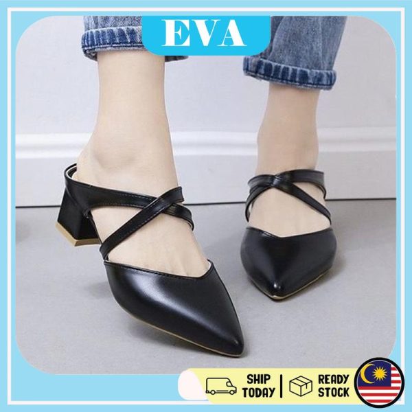 READY STOCK EVA Women's Middle Heels Cross Straps Shoes Kasut Tinggi Wanita Office Elmo