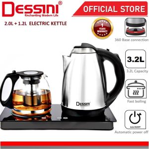 DESSINI ITALY Glass Electric Kettle Temperature Control Automatic Cut Off Boiler Jug Teapot Cerek (2.0L + 1.2L)