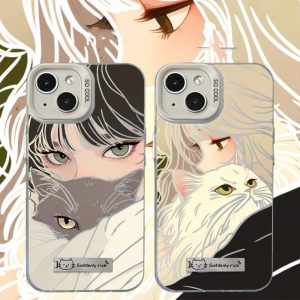 Sarung Telefon Laser IMD Reka Bentuk Ins, dengan Pemegang Pendiri Logam Sarung Kucing dan Gadis Serasi dengan iPhone 11 15 14 13 12 Pro Xs Max XR X 7 8 Plus Anti-cap jari, Bercahaya, Sarung Telefon Bimbit, Penutup Belakang Pelindung Kalis Kejutan