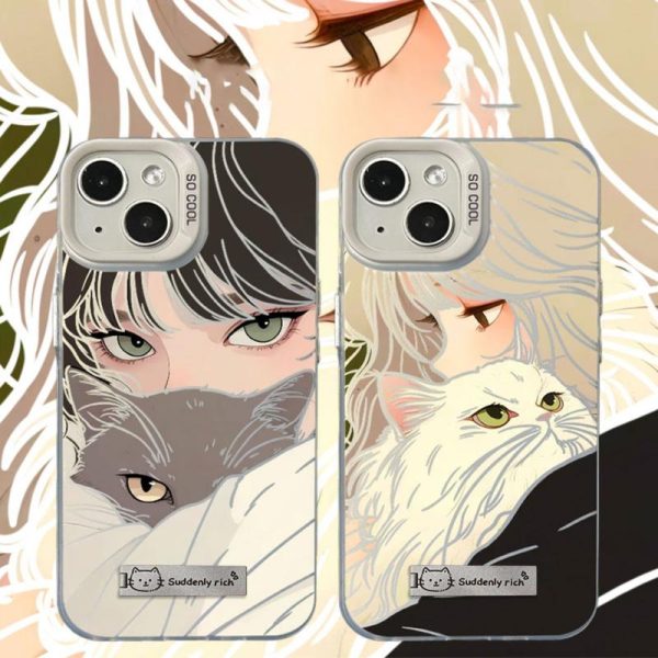 Sarung Telefon Laser IMD Reka Bentuk Ins, dengan Pemegang Pendiri Logam Sarung Kucing dan Gadis Serasi dengan iPhone 11 15 14 13 12 Pro Xs Max XR X 7 8 Plus Anti-cap jari, Bercahaya, Sarung Telefon Bimbit, Penutup Belakang Pelindung Kalis Kejutan