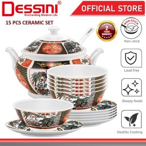 DESSINI ITALY 15 Pcs Ceramic Serving Bowl Salad Soup Cereal Pasta Casserole Non Stick Stock Pot Dinnerware PERIUK MANGKUK