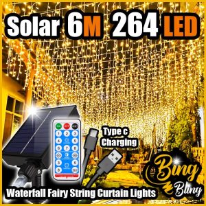 【Bing Bling】Solar 6M 264LED 2025 Viral LED Light Icicle Waterfall Fairy String Curtain Lights Garland Outdoor Waterproof Lighthing Wedding Party Festival Deco Warna Warni Lampu Raya Terjuntai Lip Lap Kelap Kelip Kelip2 Klip Klip2 Hiasan Decoration Garden