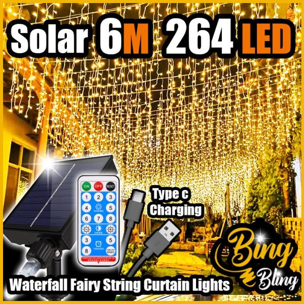 【Bing Bling】Solar 6M 264LED 2025 Viral LED Light Icicle Waterfall Fairy String Curtain Lights Garland Outdoor Waterproof Lighthing Wedding Party Festival Deco Warna Warni Lampu Raya Terjuntai Lip Lap Kelap Kelip Kelip2 Klip Klip2 Hiasan Decoration Garden