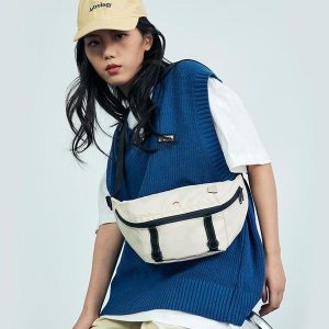 Beg Selempang, BAGSMART, Fesyen Baru, Gaya Sukan Kasual, Kalis Air, Beg Bahu dan Dada, Untuk Wanita dan Lelaki Biru Hitam