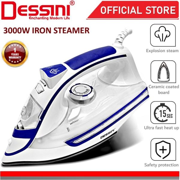 DESSINI ITALY 3000W Electric Ceramic Soleplate Garment Steam Iron Sprayer Steamer Clothes Brush / Seterika Baju