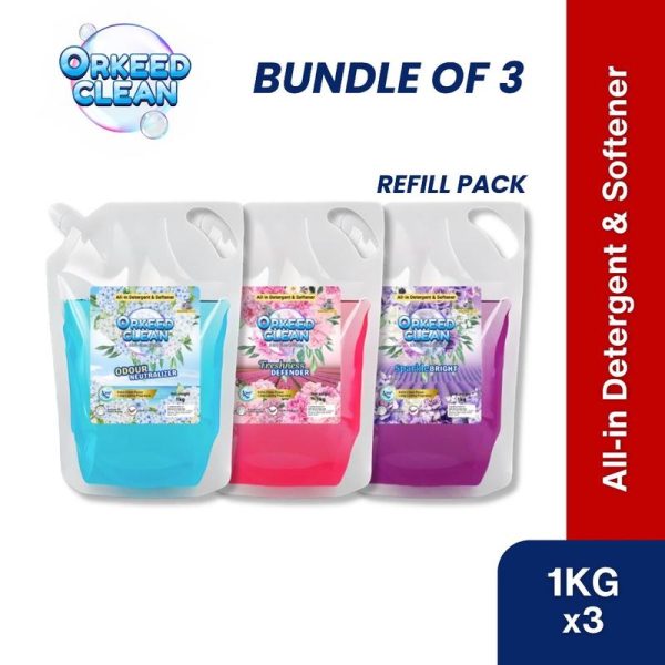 [Orkeed Clean] 1kg Refill Pack (Bundle of 3) Top Liquid Detergent Softener Sabun Basuh Baju Bersih +Wangi +Pelembut +Tanpa Bau Hapak + Antibakteria+ High Quality Sabun Dobi